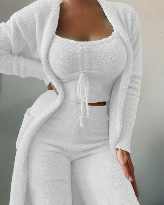 3-piece fleece lounge set - women's outfit with top and pants for home