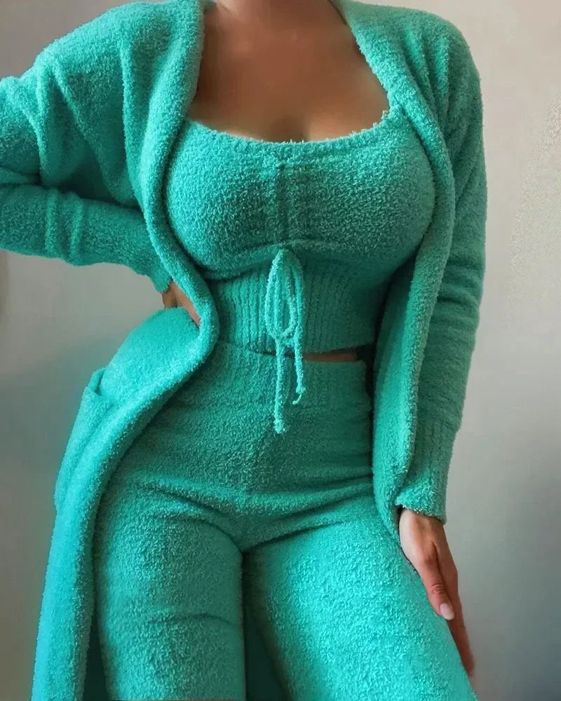 3-piece cozy fleece lounge set - soft women's pajamas for fall &amp; winter