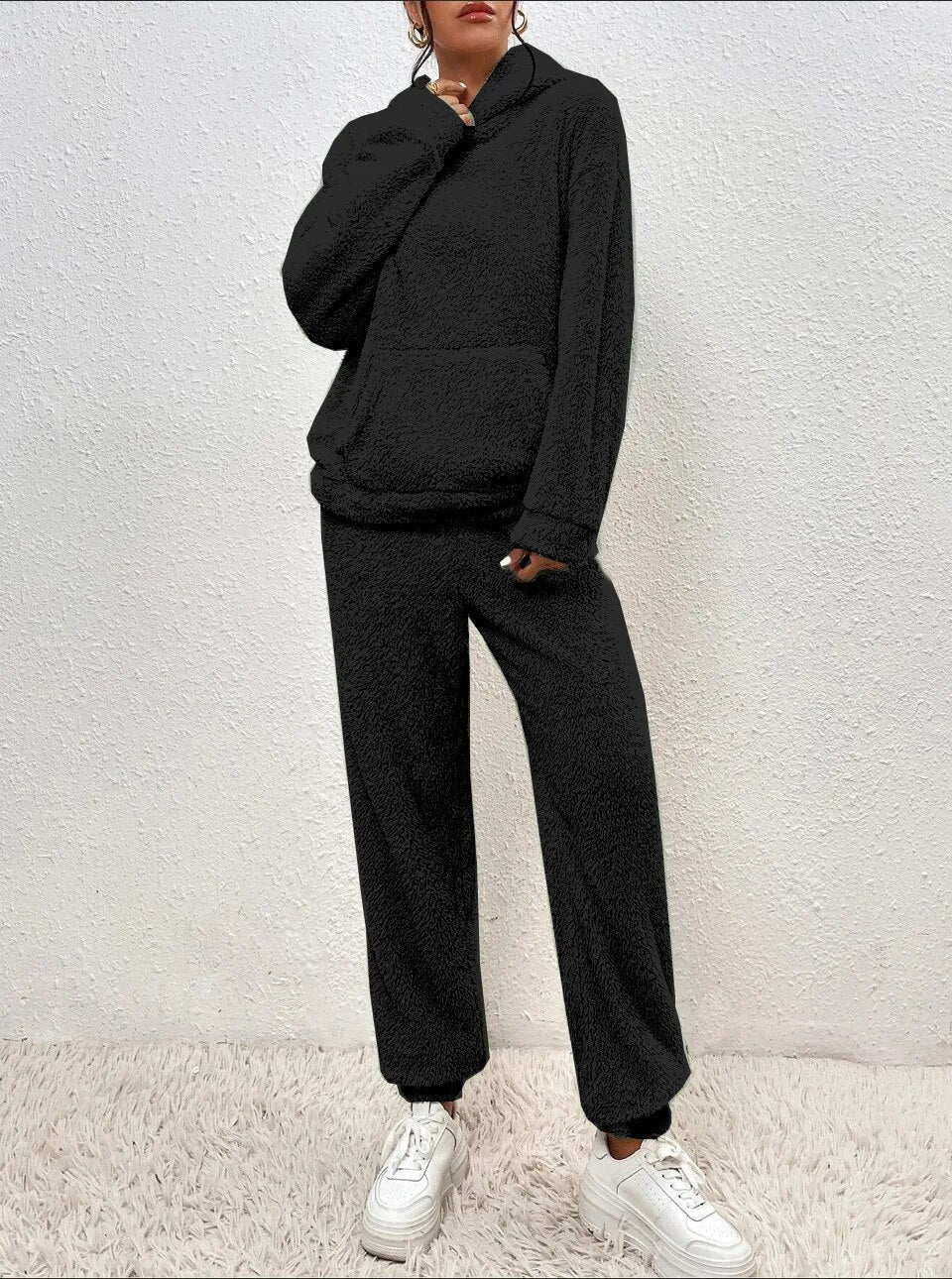 2-piece teddy tracksuit set - ultra-soft women's loungewear with hood