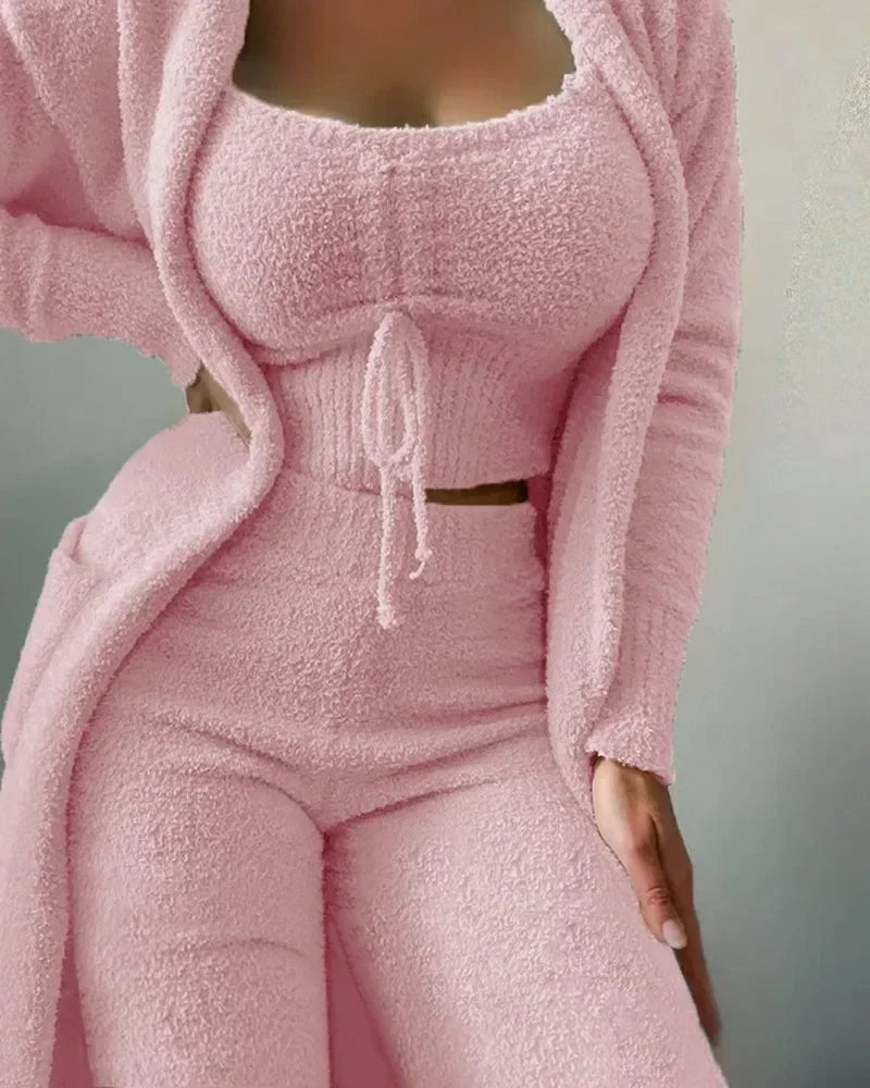 3-piece cozy fleece lounge set - soft women's pajamas for fall &amp; winter