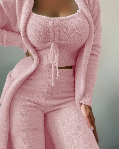 3-piece cozy fleece lounge set - soft women's pajamas for fall &amp; winter