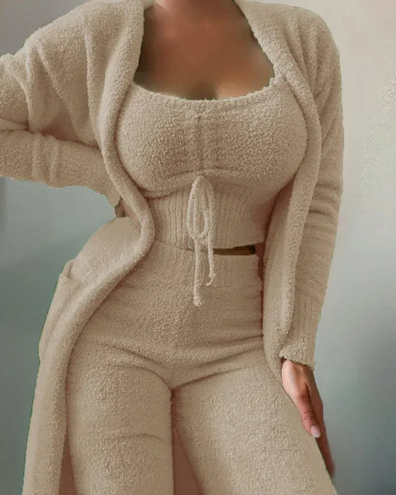 3-piece cozy fleece lounge set - soft women's pajamas for fall &amp; winter