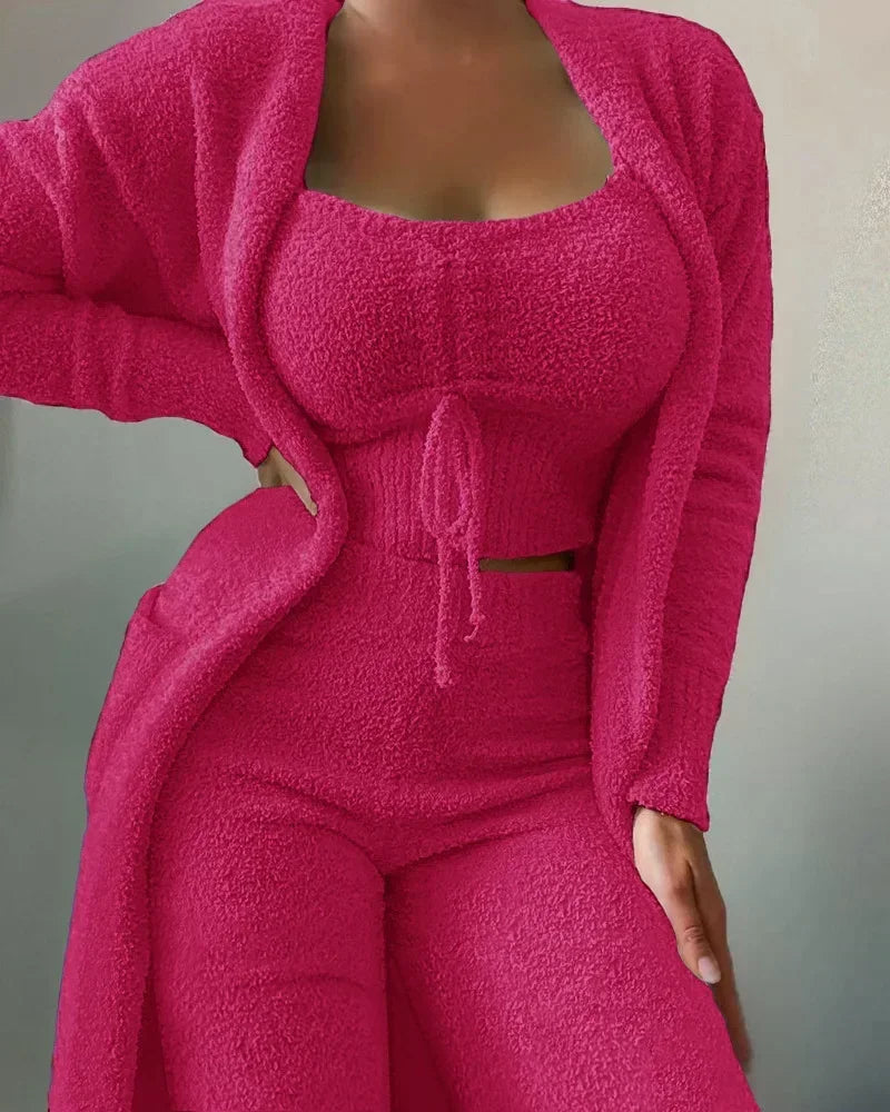 3-piece cozy fleece lounge set - soft women's pajamas for fall &amp; winter
