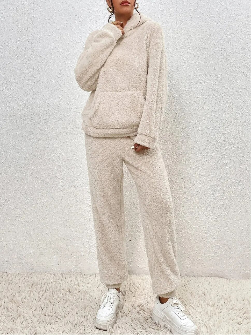 2-piece teddy tracksuit set - ultra-soft women's loungewear with hood