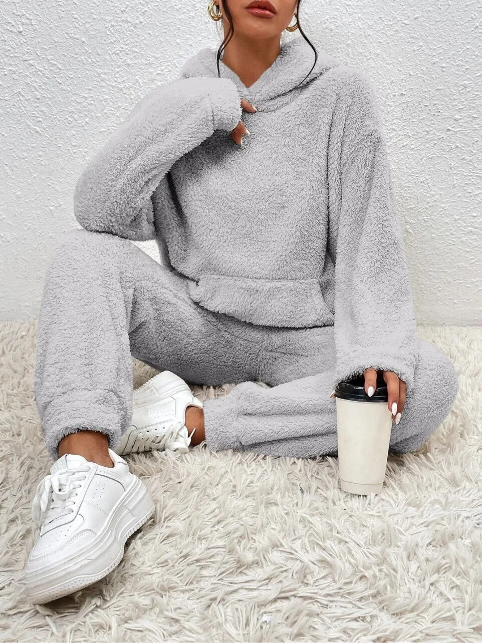 2-piece teddy tracksuit set - ultra-soft women's loungewear with hood