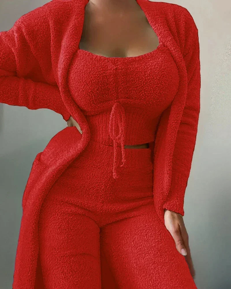 3-piece cozy fleece lounge set - soft women's pajamas for fall &amp; winter