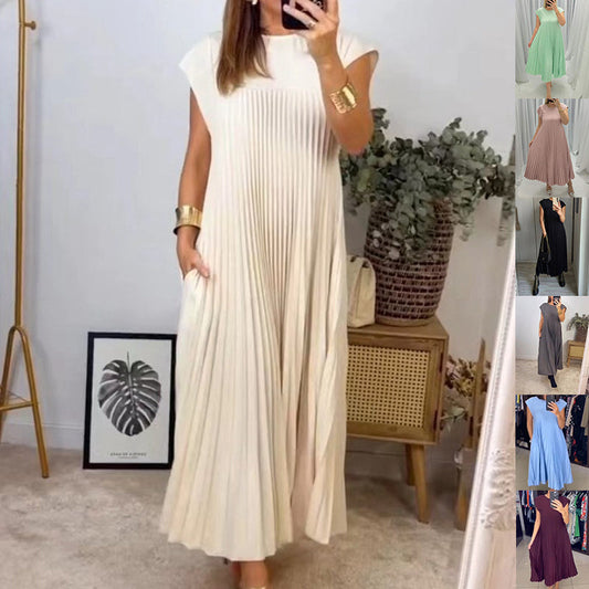 Joshua | Pleated long dress with short sleeves