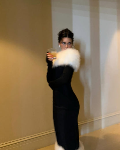 Belle Vogue™ - Off-the-Shoulder Dress with Fur Collar