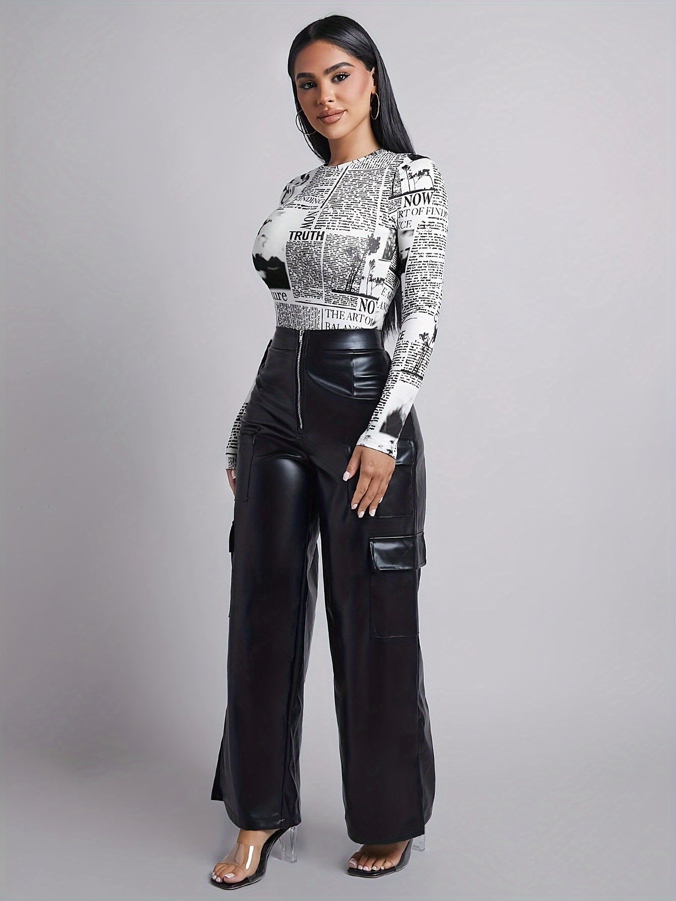 Amarixe™: Newspaper Print Long Sleeve Bodysuit