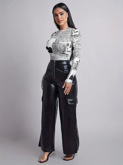 Amarixe™: Newspaper Print Long Sleeve Bodysuit