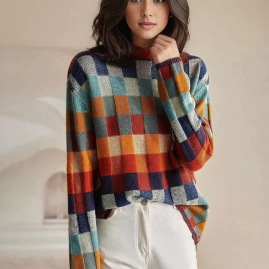 Adalynn | Colorful turtleneck sweater with patchwork pattern