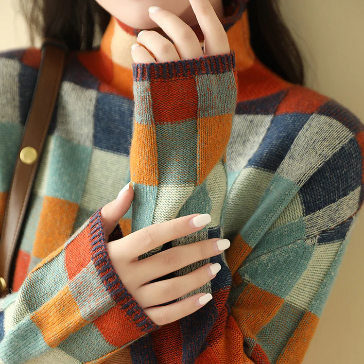 Adalynn | Colorful turtleneck sweater with patchwork pattern