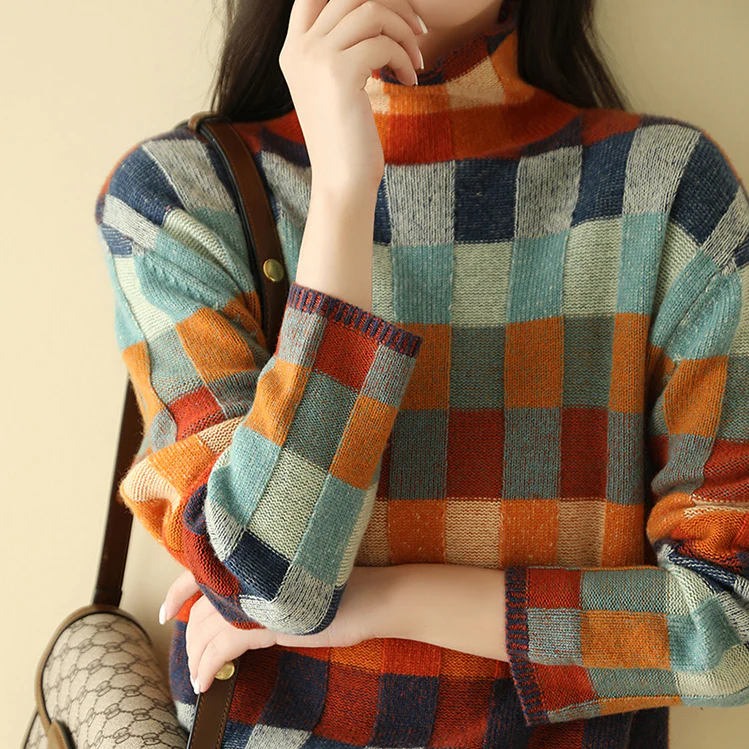 Adalynn | Colorful turtleneck sweater with patchwork pattern