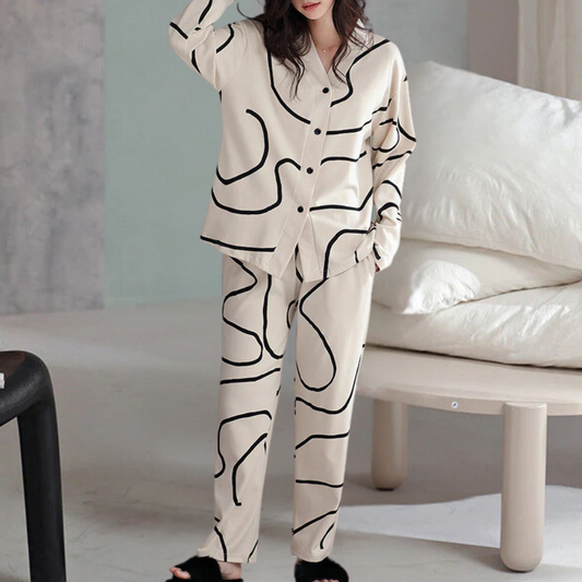 2-piece pajama set - stylish cream and black abstract women's sleepwear