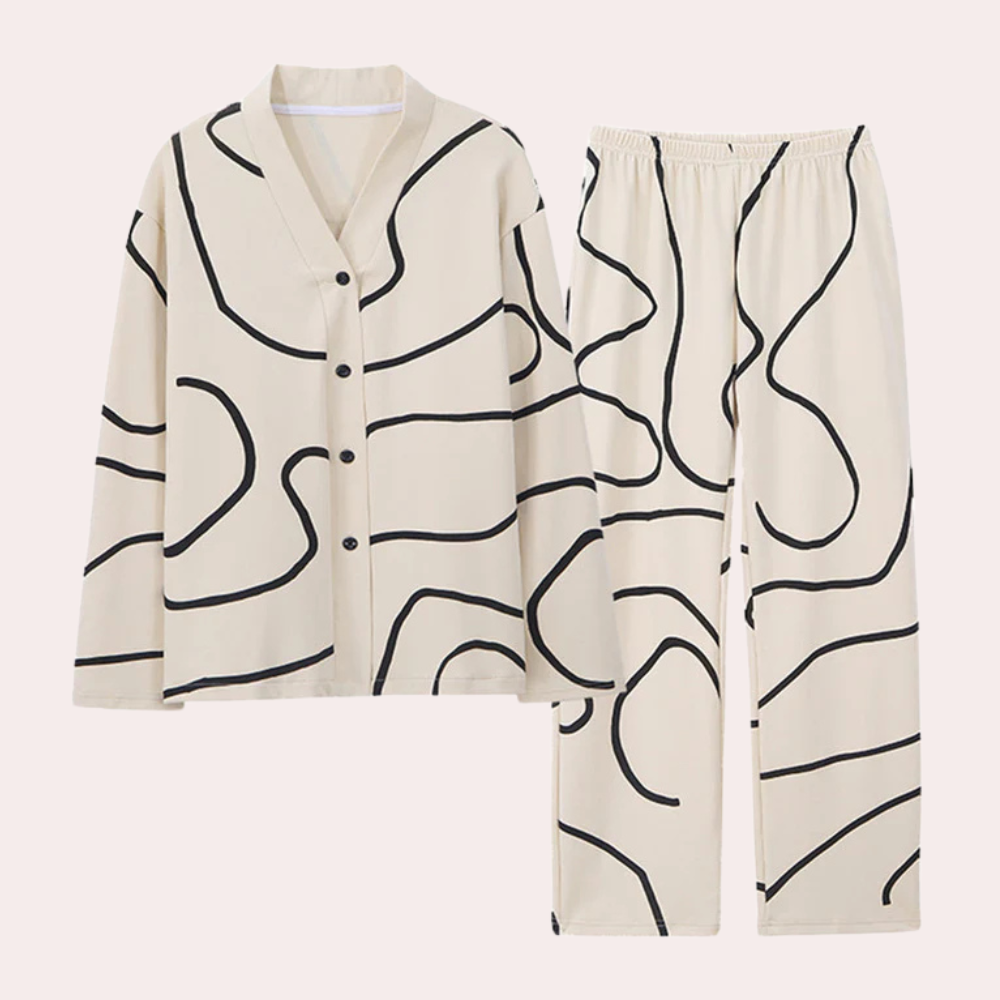 2-piece pajama set - stylish cream and black abstract women's sleepwear
