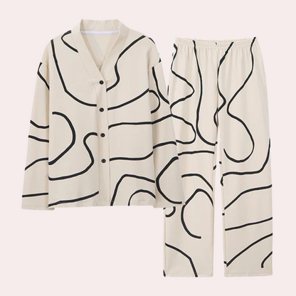2-piece pajama set - stylish cream and black abstract women's sleepwear