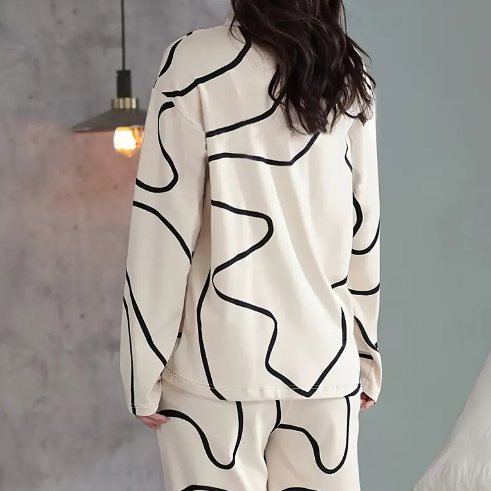 2-piece pajama set - stylish cream and black abstract women's sleepwear