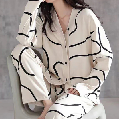 2-piece pajama set - stylish cream and black abstract women's sleepwear